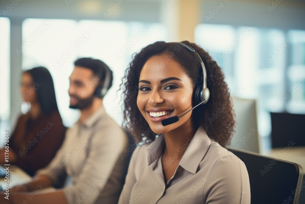 Poster friendly customer service representative smiling while assisting customers in a busy call center
