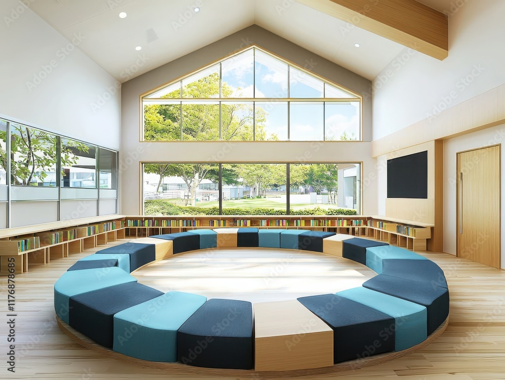 Poster innovative classroom design with circular seating modern educational space interior architecture bri