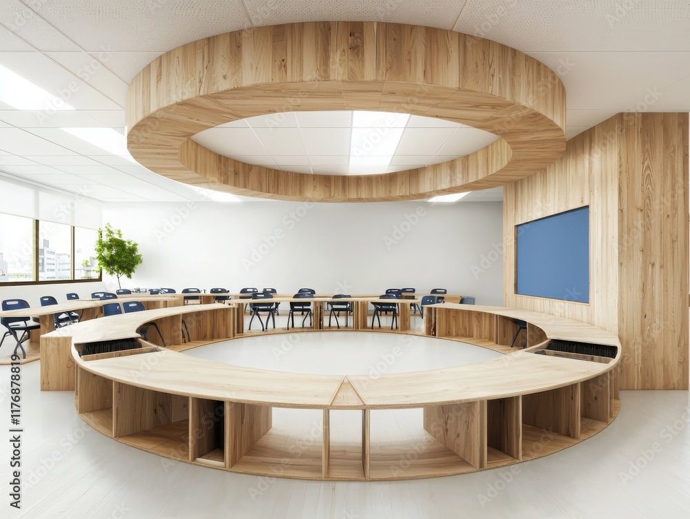 Poster innovative classroom design featuring a middle circular table educational space interior architectur