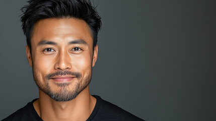 Fototapeta premium Confident Asian man smiling with stylish haircut and beard