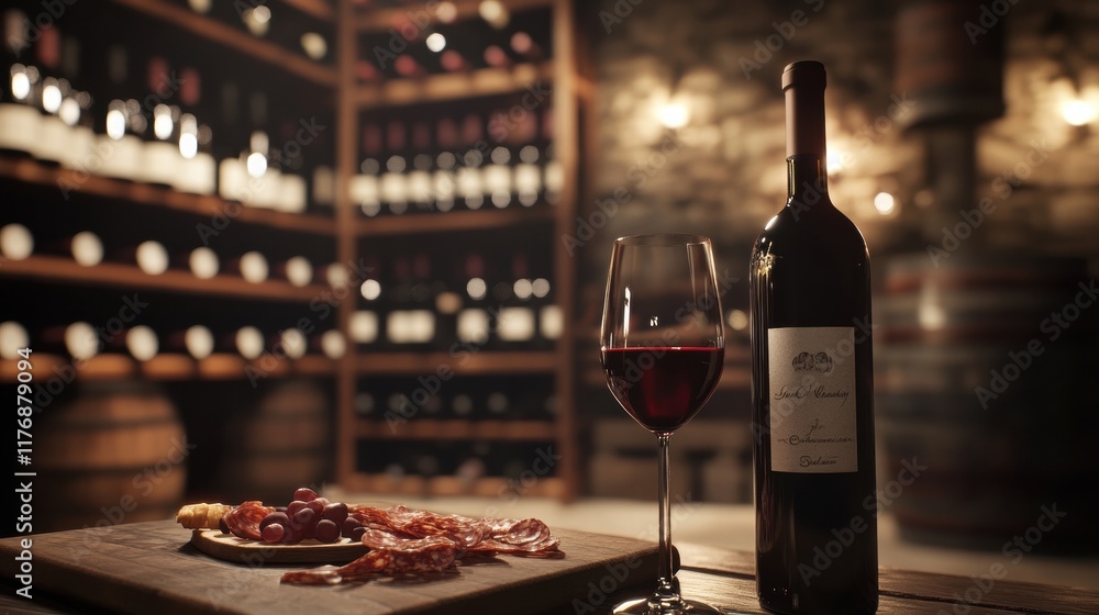 Poster elegant wine cellar with vintage bottles and a tasting table featuring red wine and charcuterie. gen