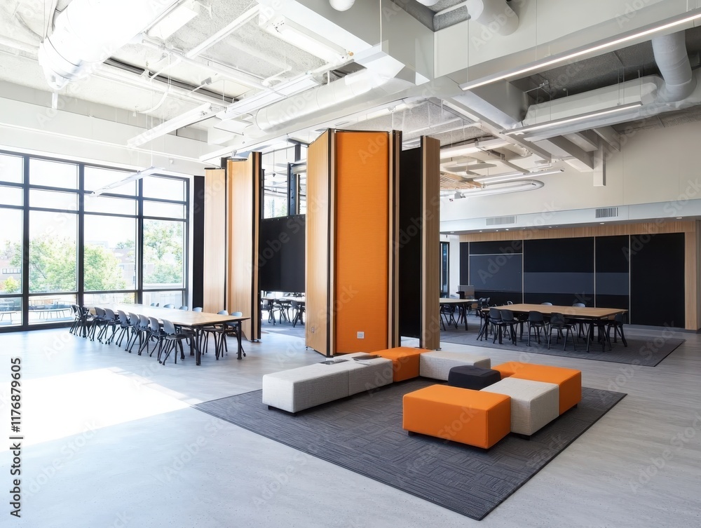 Poster innovative classroom design incorporating collaborative spaces modern educational facility interior 