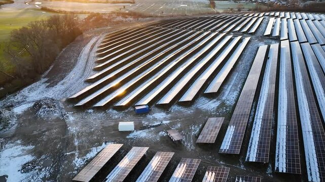 Aerial footage of large solar farm covered in light snow during winter with solar panels aligned in rows, capturing the sunlight reflecting off their surfaces with rural landscape in the background.