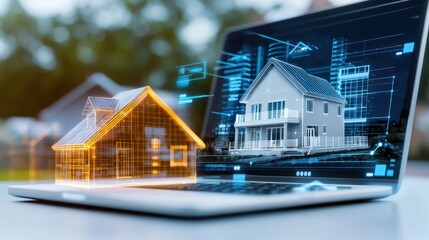 A laptop displaying a 3D model of a house design.