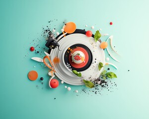 Abstract food art photography.  A vibrant dessert, decorated with colorful elements, is presented in a stylized, circular composition.