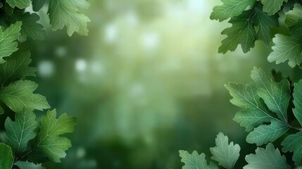 Fototapeta premium Lush green leaves frame a soft, blurred background of nature.