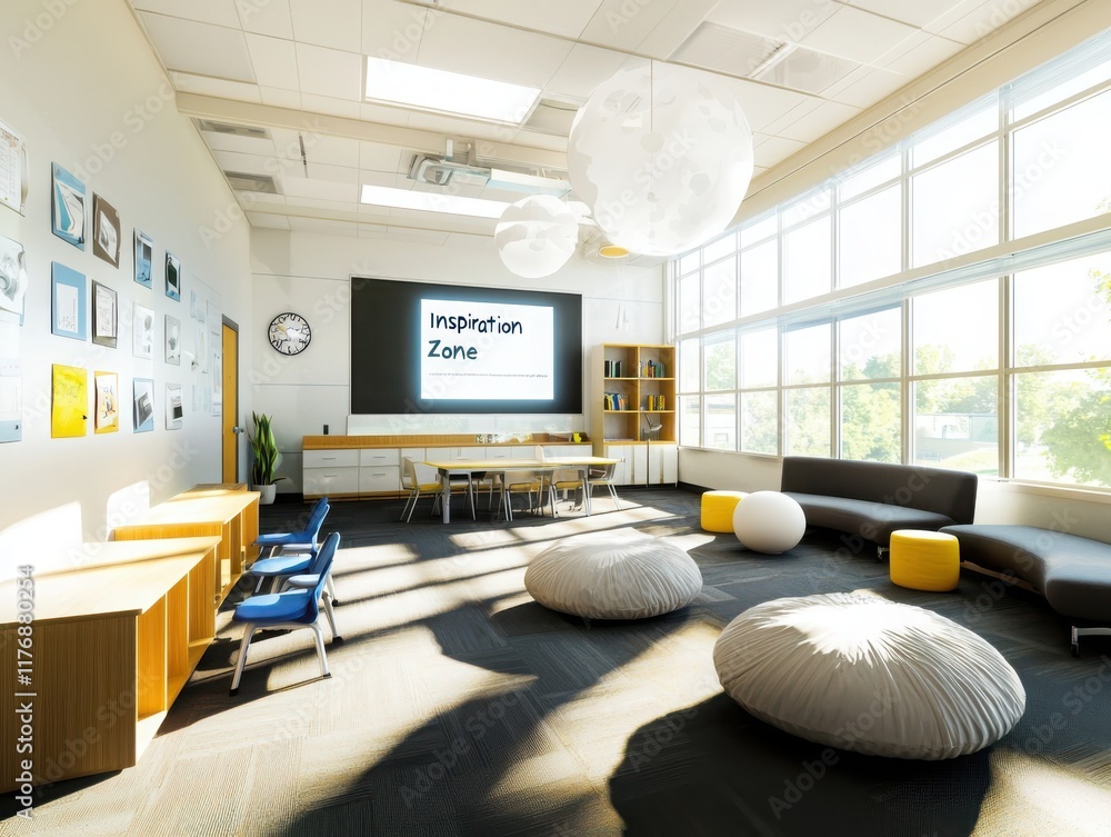Poster innovative classroom design showcasing creative learning spaces modern educational environment inter