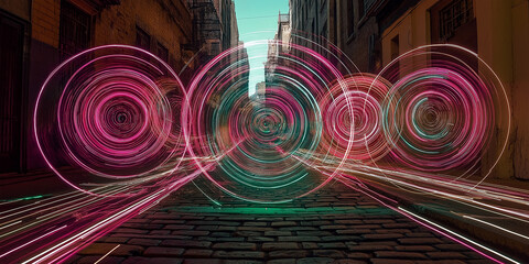 Fototapeta premium Symphony of Neon Circles: Digital Light Rings Dancing Through a Historic Cobblestone Alleyway at Twilight in a Futuristic Urban Setting