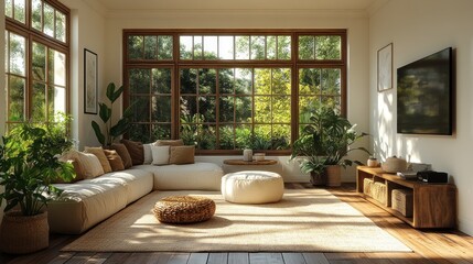 Sunlit Modern Living Room with Lush Greenery and Large Windows