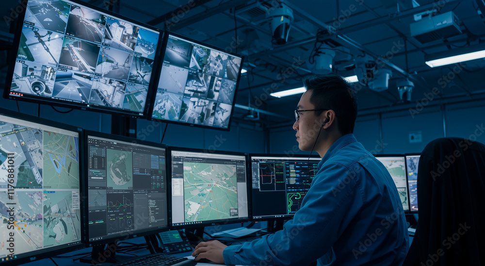 Poster man, monitor and security with system operator in control room for surveillance, technology at workp