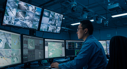Man, monitor and security with system operator in control room for surveillance, technology at workplace for monitoring, safety and supervision