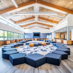 Innovative classroom design incorporating formative assessment strategies modern school interior photography bright environment wide-angle view collaborative learning spaces