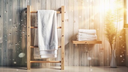Double Exposure: White Towel on Hardwood Rack, Bathroom Interior