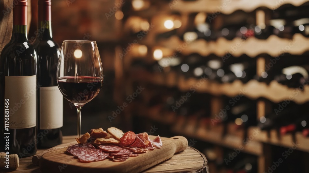 Poster elegant wine cellar featuring vintage bottles and a charcuterie board for a delightful tasting exper