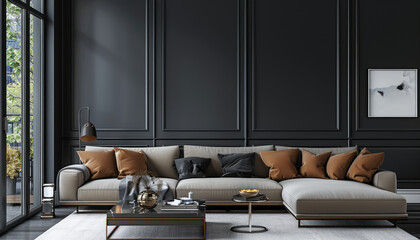 A bold and contemporary living room with a striking vertical emphasis. The room features a dramatic accent wall in a deep matte color like charcoal gray or midnight blue, The furniture is sleek.
