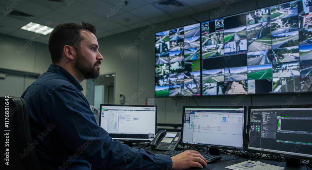 Poster man, monitor and security with system operator at control room for surveillance, technology in workp