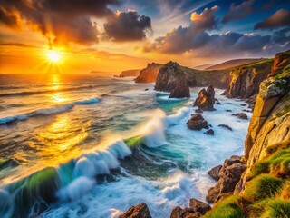 Obraz premium Dramatic Long Exposure: Atlantic Islands from Galicia Cliffs, Spain