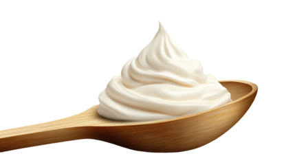 Creamy Spoonful: A close-up of a dollop of creamy white whipped cream nestled in a rustic wooden spoon. The soft, smooth texture and delicate swirls evoke a sense of indulgence and culinary delight.