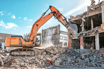 Excavator clears debris from industrial building demolition under a sunny blue sky
