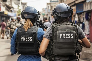 Male and female journalists working in the field wearing helmets and body armor, from behind
