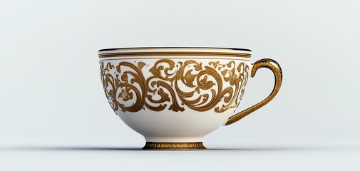 Elegant porcelain teacup with gold ornate design.  Perfect for luxury, vintage, or classic themes. Isolated on black background.