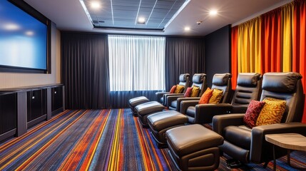 Cozy Home Theater with Vibrant Curtains and Comfortable Seating