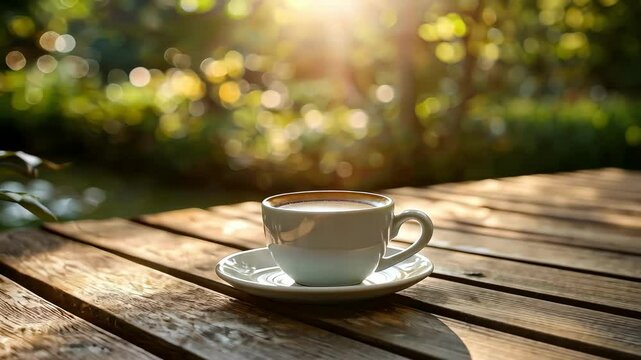 a cup of coffee on an empty table in the garden. Selective focus
