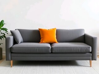 A gray sectional sofa with bright orange pillows, inviting you to relax. Sunlight streams in, highlighting the soft textures of the furniture. A minimalist aesthetic with a touch of warmth and comfort