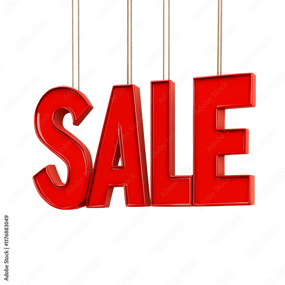 Poster a three dimensional red sale sign hangs from strings against a plain white background indicating a s