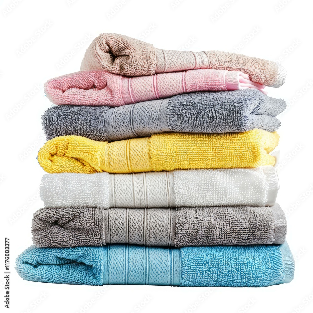 Poster soft, fluffy towels folded neatly in a colorful stack, creating a relaxing and inviting spa atmosphe
