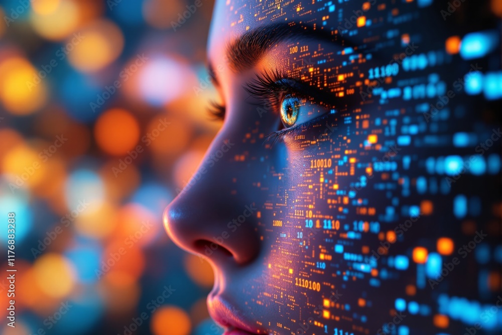 Aufkleber close-up of a face with digital data projections in blue and orange tones, glowing against a vibrant