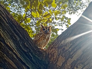 A majestic owl perches gracefully on a sturdy tree branch, its piercing eyes shining with wisdom and mystery. The owl’s intricate plumage is richly detailed, with a mix of earthy colors—shades of brow