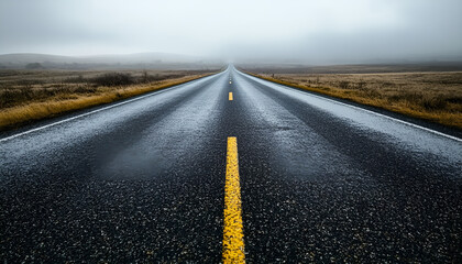 Foggy road disappearing into mist, symbolizing uncertainty and mystery