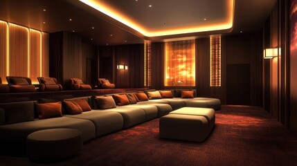 Spacious Movie Room with Cozy Seating and Ambient Lighting