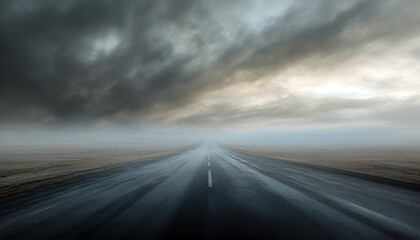 Foggy road disappearing into mist, symbolizing uncertainty and mystery