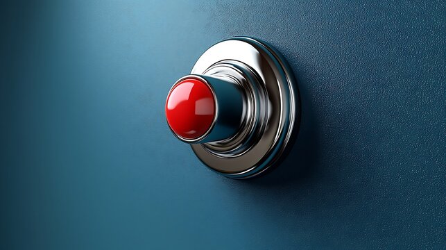 Red button, chrome, teal background;  decision, choice, action, concept.