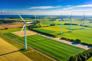 Drone View: Wind Turbines Generating Electricity in Skanderborg, Denmark's Fields