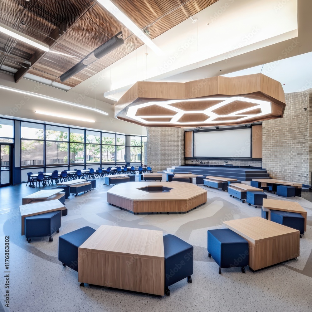 Poster innovative classroom design promoting collaborative learning in a modern educational space with dece