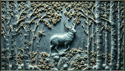 Silver Deer in Forest Relief Art, deer, forest, trees, nature, wildlife, animal, art, relief, silver