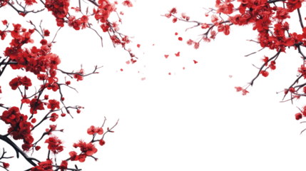 Red Plum Blossoms Frame: A delicate and enchanting frame of vibrant red plum blossoms, with softly falling petals creating a romantic and serene atmosphere.