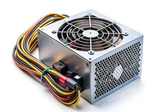High-Detail Aerial Close-up of Computer Power Supply Unit, Isolated on White Background