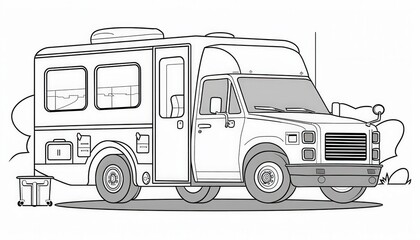A simple coloring page featuring a classic RV camper van parked outdoors. Perfect for kids or adults who enjoy coloring vehicles and travel themes.