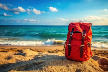 Hipster Red Backpack on Seashore: Close-up View of Traveler's Bag Against Blue Ocean - Stock Photo
