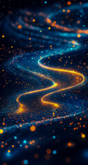 A digital art piece displays an abstract background with dynamic swirling lines in a mix of light and dark colors,