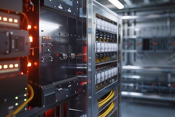 Closeup of an industrial electrical control panel, showing various meters, switches, and components. Its a metallic rack system with indicators, suggesting power distribution and energy management.