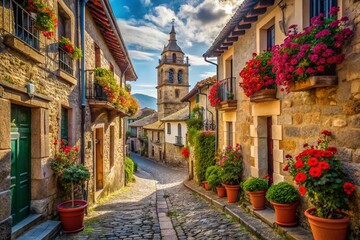 Fototapeta premium Elciego, Spain: Charming Narrow Street and Church in Alava, Basque Country