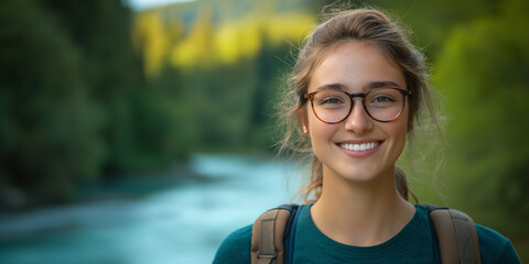 Smiling young woman scenic riverbank portrait photography natural surroundings close-up view joyful vibes for adventurous spirits