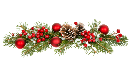 Snowberries with green twigs of Christmas tree, red decorations and cones in a holiday waved garland isolated on white or transparent background