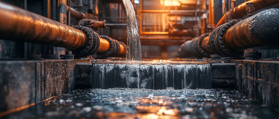 Molten metal pouring into tank with flowing water in industrial wastewater setting