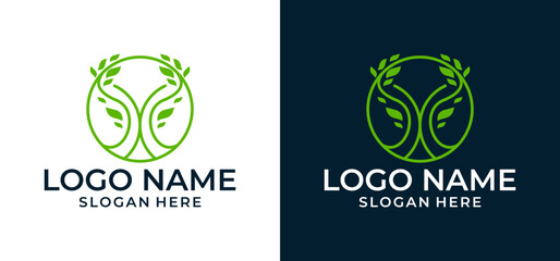 Design a circle tree logo icon template. Symbol of the natural line of round garden plants. Green branch business sign with leaves. Vector illustration.